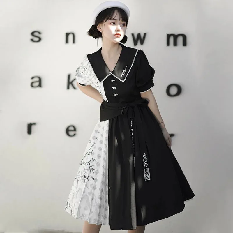 

[Ink Bamboo] Chinese Element Short Sleeve Op Dress Improved Qipao Cheongsam Daily Hanfu Skirt Spring Black White Lolita