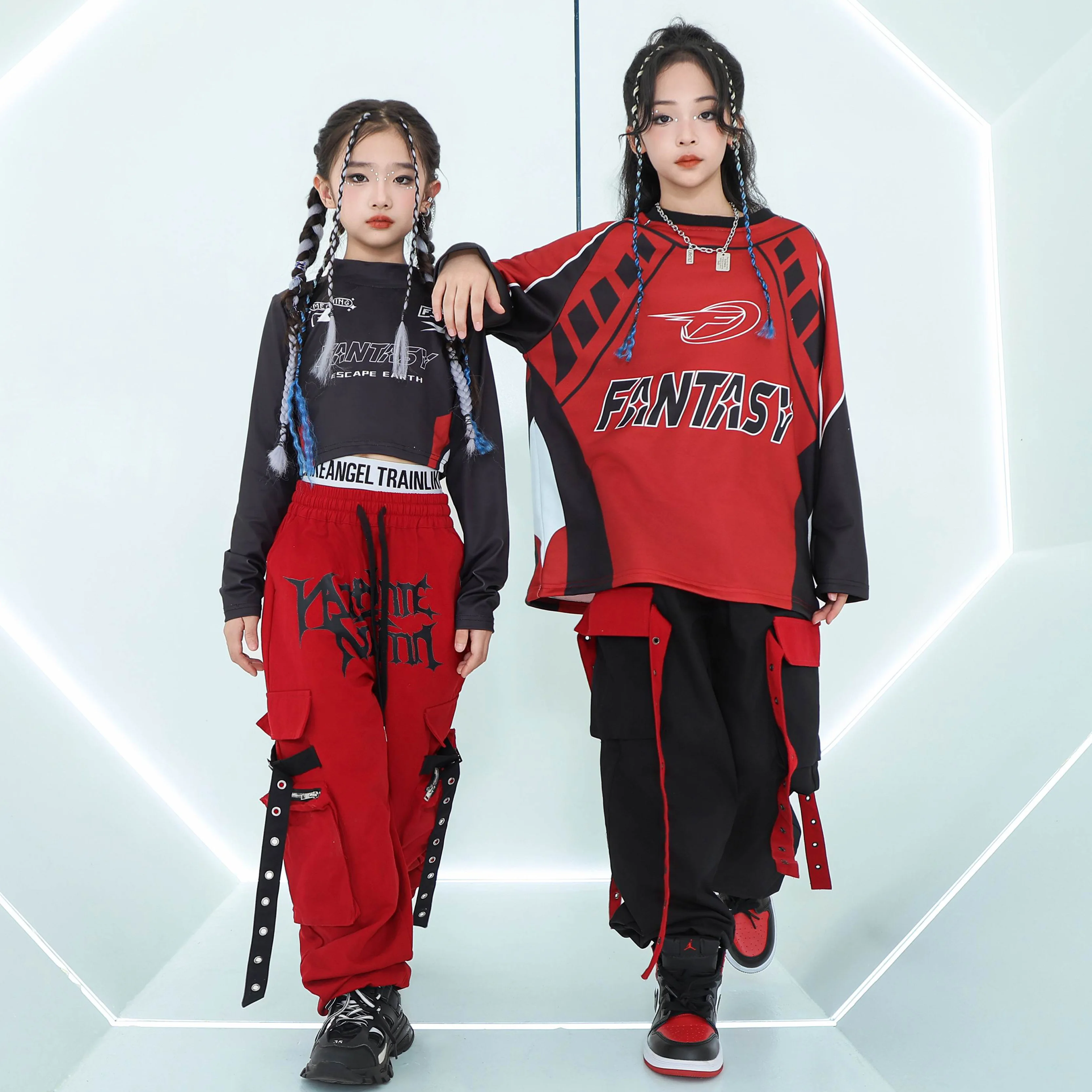 Boys Street Dance Clothes Hip Hop Loose Tops Pants Girls Jazz Dance Performance Costume Red Suit Long Sleeves Kids Wear BL14091