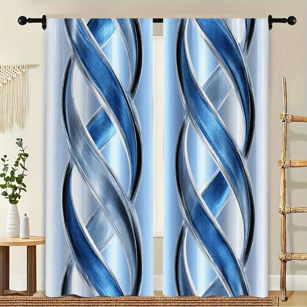 2Pcs Curtains Spiral Stripe With Blue Silver Pattern Window Drapes for Bedroom Living Room Decoration Window Treatment.