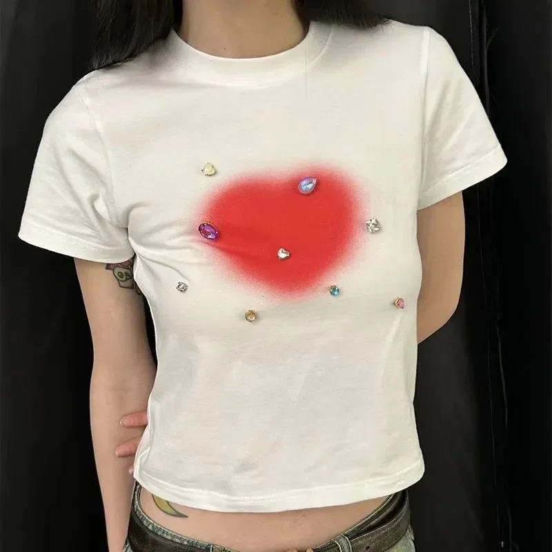 

QWEEK Y2k Top Sexy Cropped Diamond Korean Fashion Kpop Harajuku Streetwear Short Sleeve Crop T Shirt 2025 Spring Summer