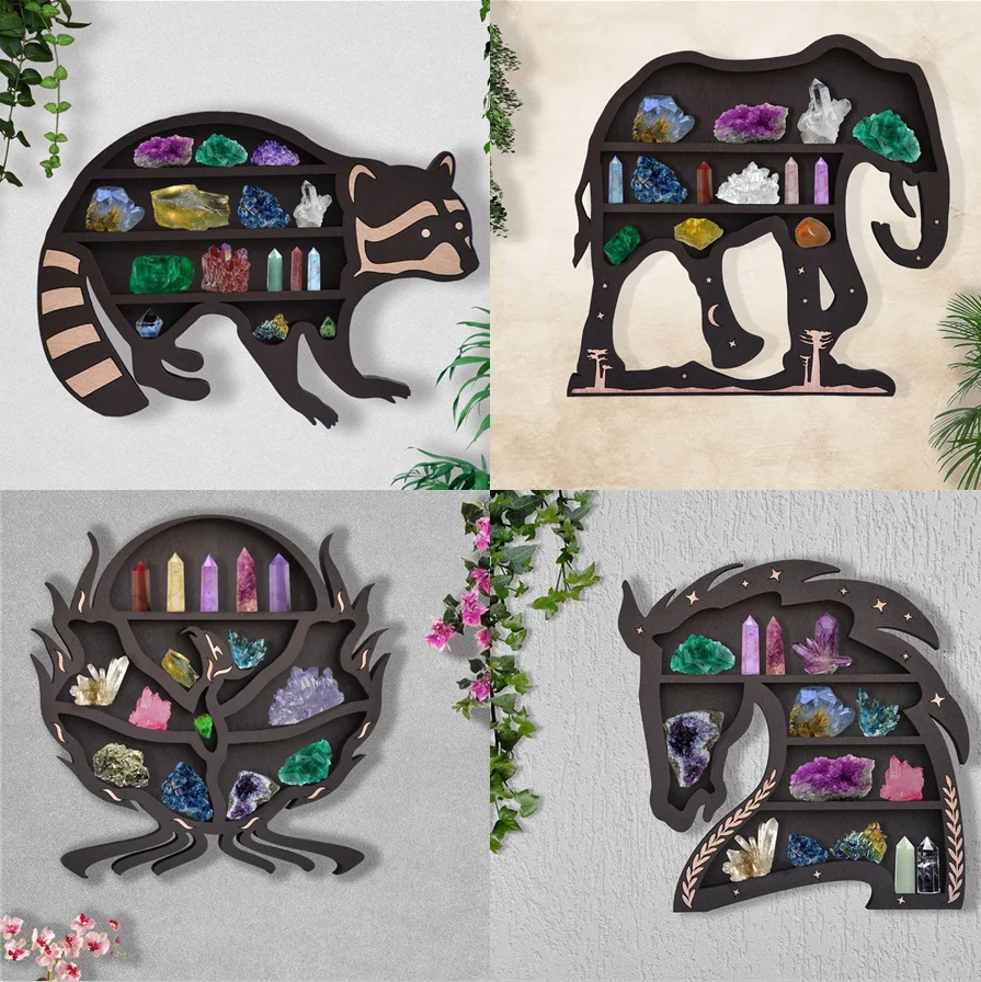 New Style Wooden Crystal Display Shelf Phoenixes Horses Elephants Raccoon Design for Living Dinning Room Bed Storage Home Decor