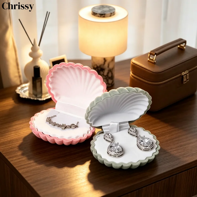10pcs Velvet Shell Jewelry Box, Fashion Flip-Open Ring Case, High-End Organizer for Earring Pendant Necklace, Gift Box for Women