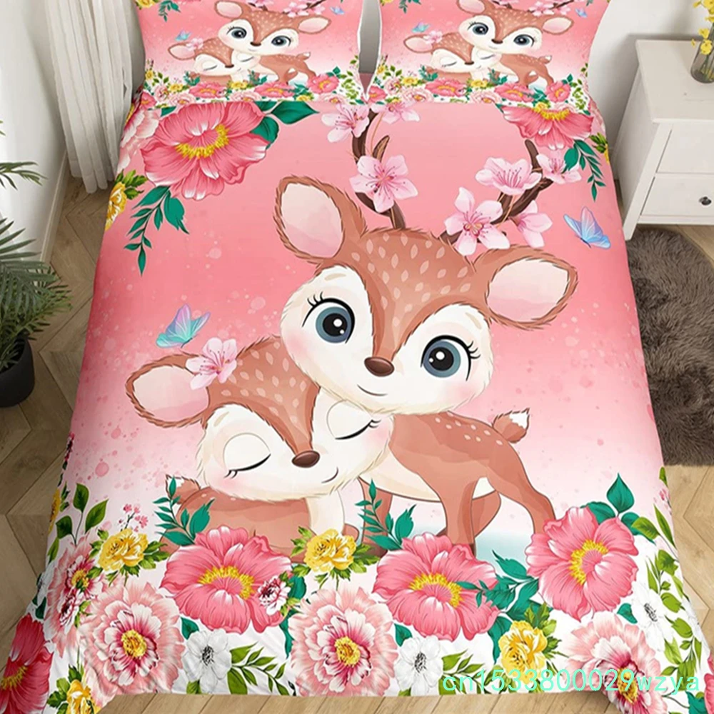 Cartoon Animal Duvet Cover Set Zoo Animal Sika Deer Comforter Cover Microfiber Pink Floral Bedding Set Single Twin For Girl Boys