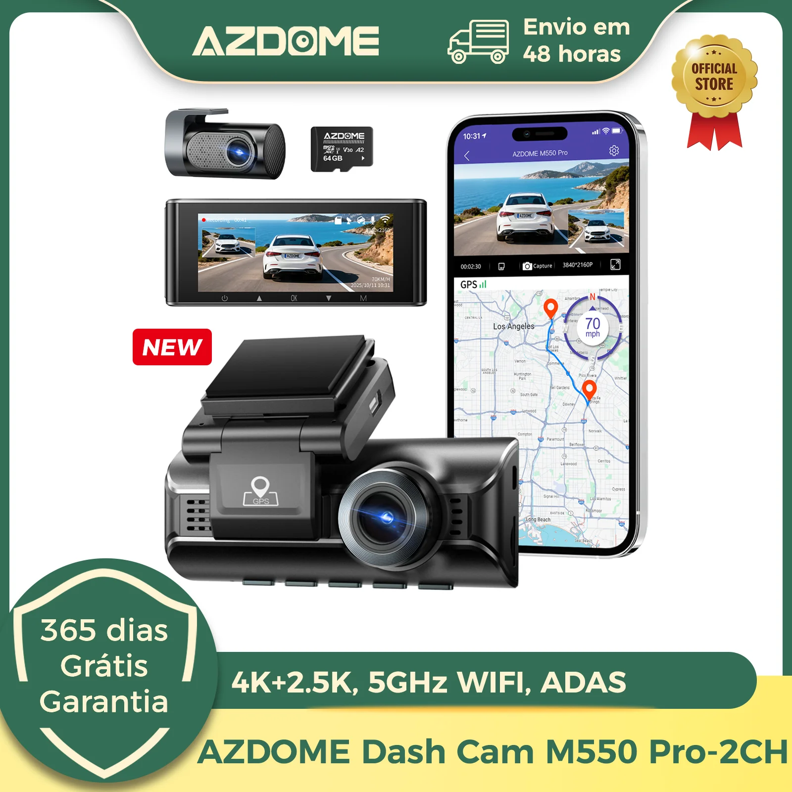 Câmera Veicular AZDOME 4K M550 Pro-2CH com Câmera Traseira 2.5K, GPS, WiFi 5GHz, DVR Automotivo com Visão Noturna WDR, Sensor G, Monitor de Estacionamento e Cartão de 64GB