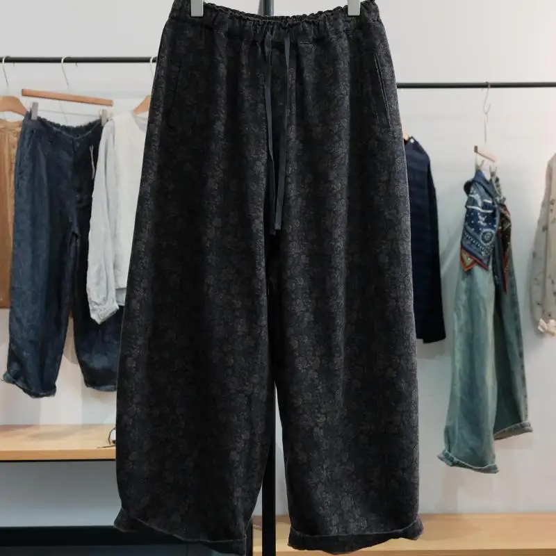 Autumn Arts Style Women Elastic Waist Spliced Vintage Floral Print Wide Leg Pants All-matched Casual Cotton Linen Loose Pants