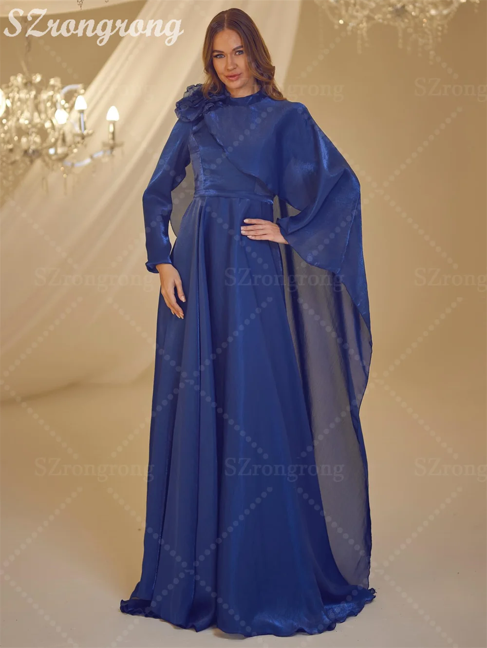 Op maat gemaakte jersey gedrapeerde a-lijn crêpe formele avondjurk zwartloze vloerlengte Saoedi-Arabische jurk met lange mouwen en sleep