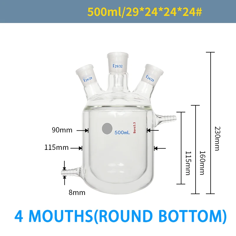 Four-neck jacketed reaction bottle double-layer reactor round bottom laboratory flask glassware 250-10000ml