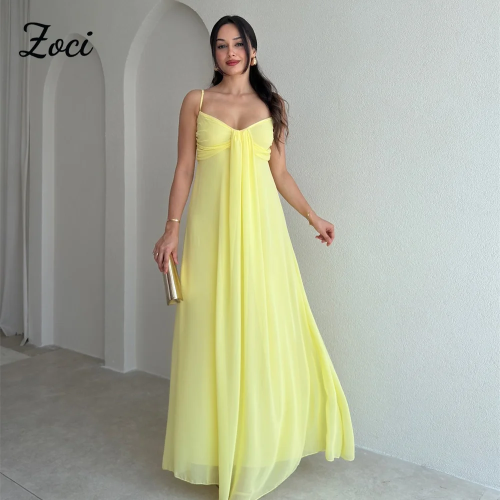 Zoci Yellow Chiffon Long Prom Dresses Customized Pleated V Neck Formal Party Evening Gowns Open Back Garden's Birthday Dress
