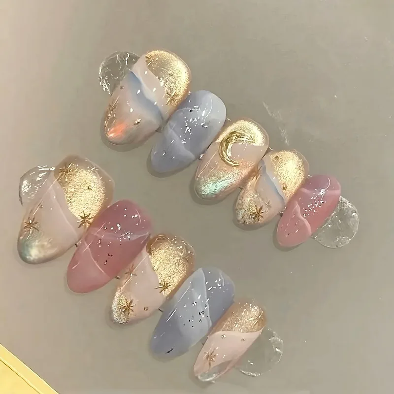 30 faux ongles en verre effet œil de chat, forme amande, motifs dégradés arc-en-ciel étoiles et lunes – Parfaits comme cadeau pour fille