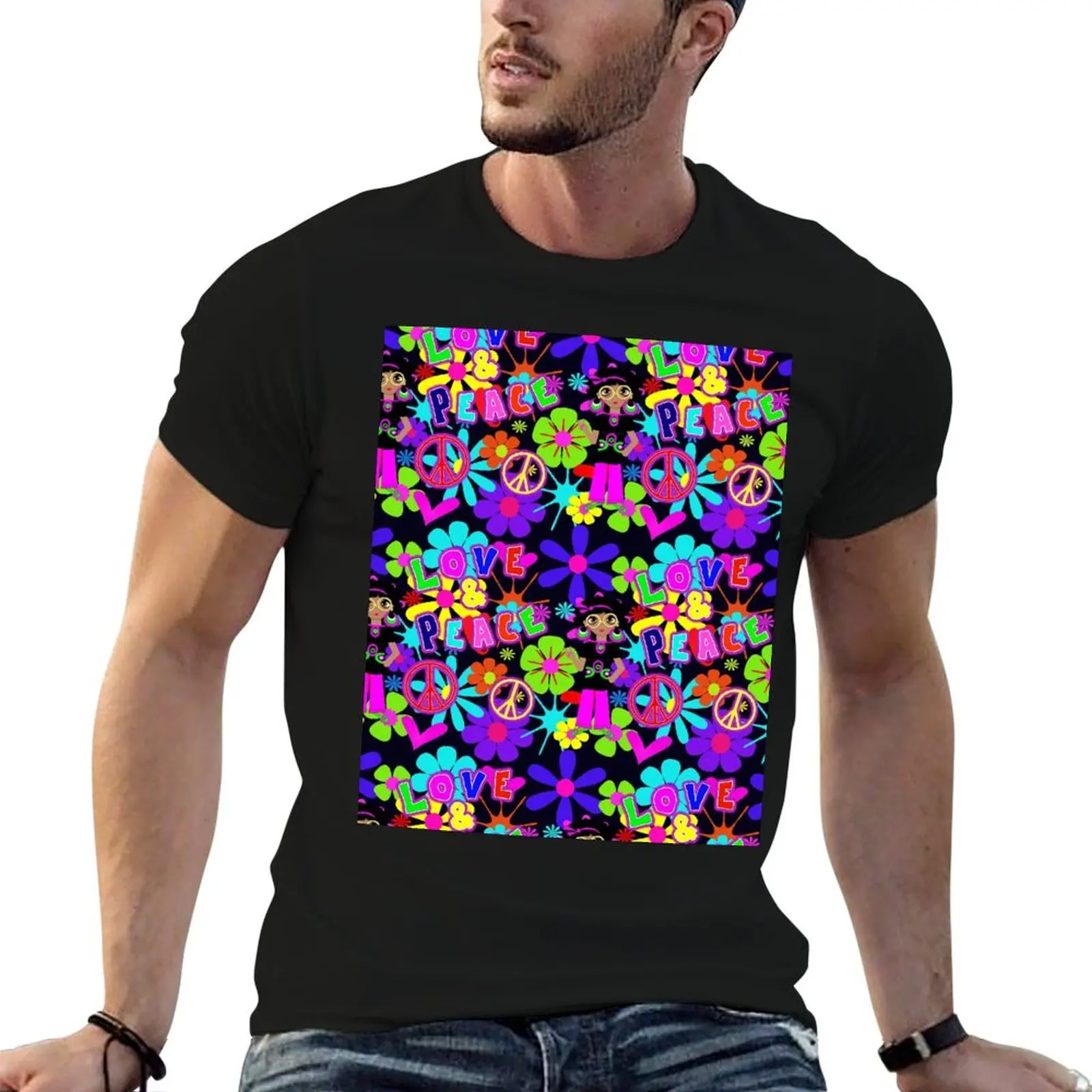 

Groovy Hippie Flower Power Love & Peace Colorful 60's Retro Pattern T-Shirt mens graphic t shirts T-Shirt