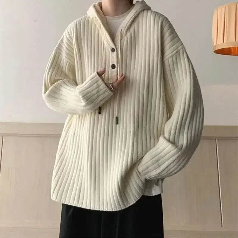 Korean Version of Autumn and Winter Hooded Loose Knit Sweater for MenIns Solid Color Lazy Style Hooded Loose Knit Jacket Top Ins