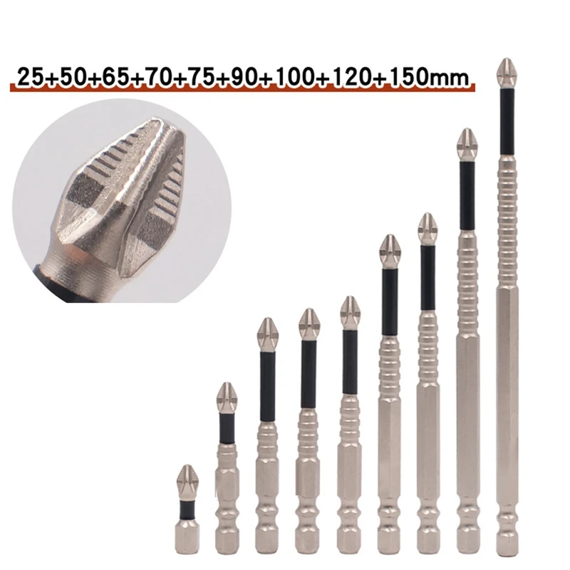 BAAG-9Pcs PH2 Cross-Magnetic Screwdriver Bit Anti-Slip Long Drill Bits 25-150Mm For Electric Screwdrivers Hand Drills