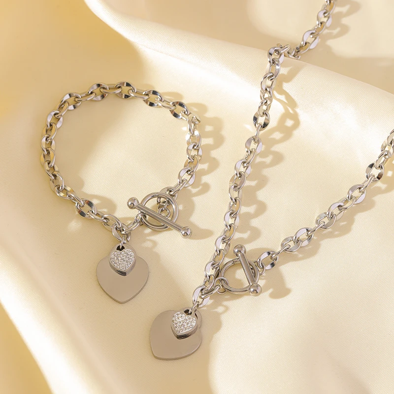 EILIECK New Fashion Stainless Steel Metal Double Heart Necklace Bracelet Set  For Women Waterproof Silver Color Jewelry Gift