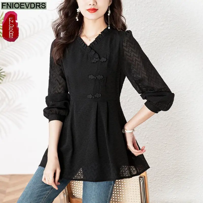 Loose Clothes Women 2024 Autumn Black Elegant Office Lady Button Shirts Casual Retro Vintage Ruffles Tunic Peplum Tops Blouses