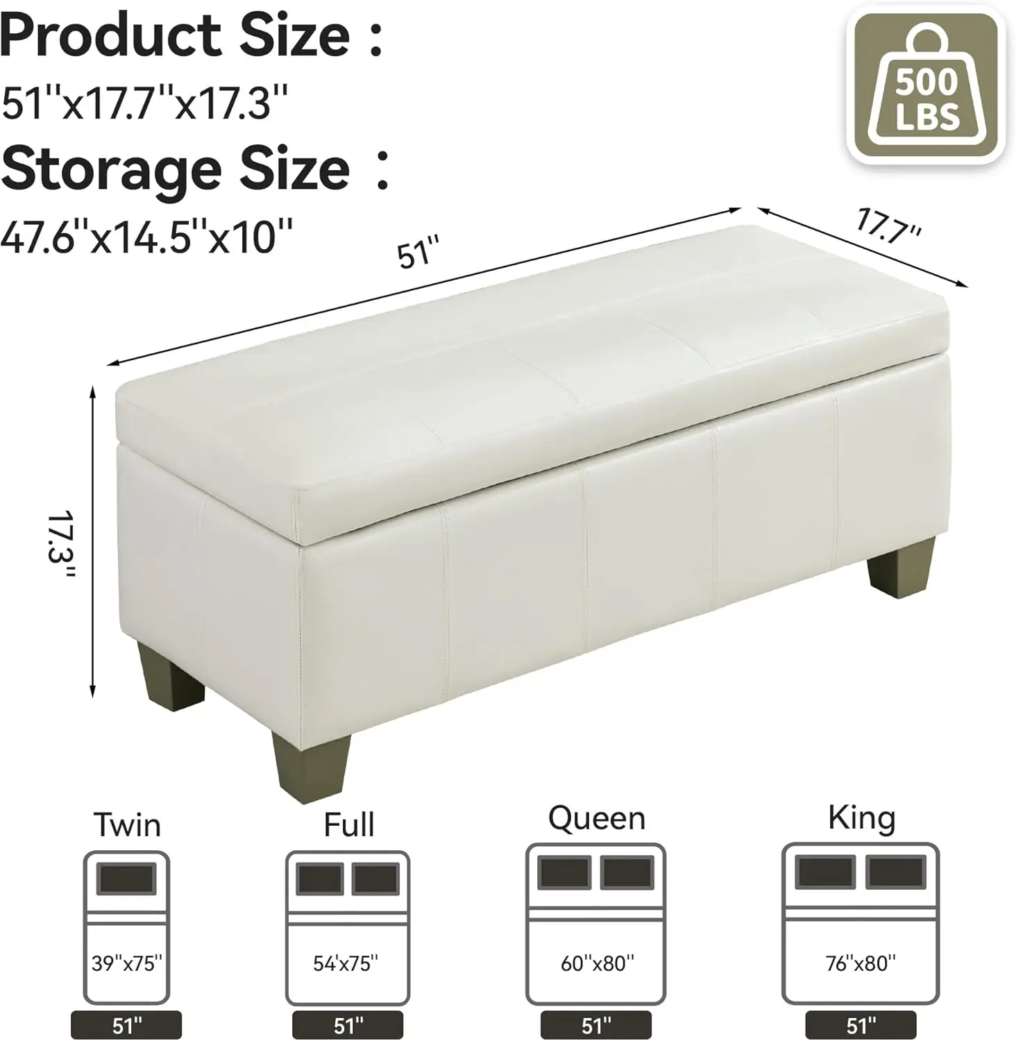 مسند تخزين من الجلد الصناعي مقاس 51 بوصة، مقعد سرير منجد معنقدة، أريكة المدخل، أبيض