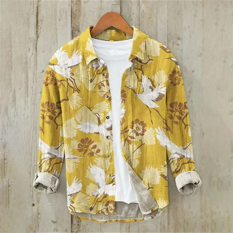 Men's collar long sleeved linen flying crane series pattern 3D printed casual Hawaiian oversized shirt s-5XL