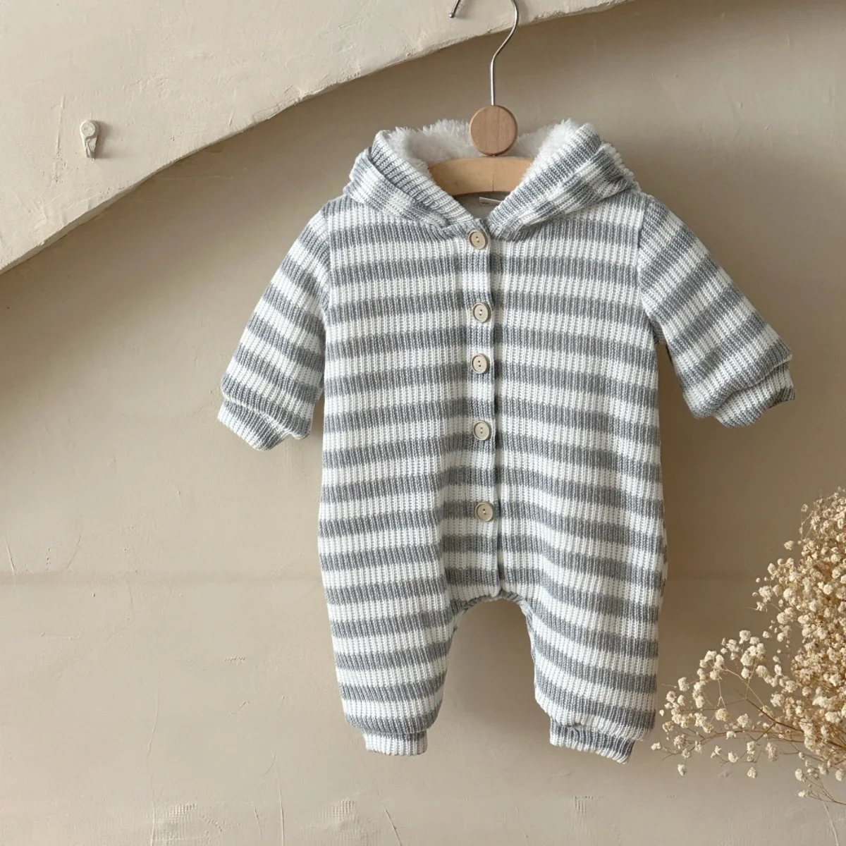 

Plush Striped Hooded Knitted Baby Jumpsuit Winter New Girl Boy Baby Long Sleeved Crawling Suit Thickened
