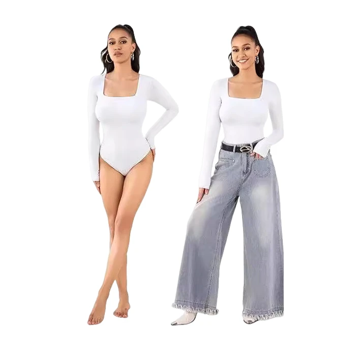 

Sexy Tight Jumpsuit Square Collar Long Sve ort Sve for Girls Cross-Border Low Waist ort Pants Thin Fabric Spring