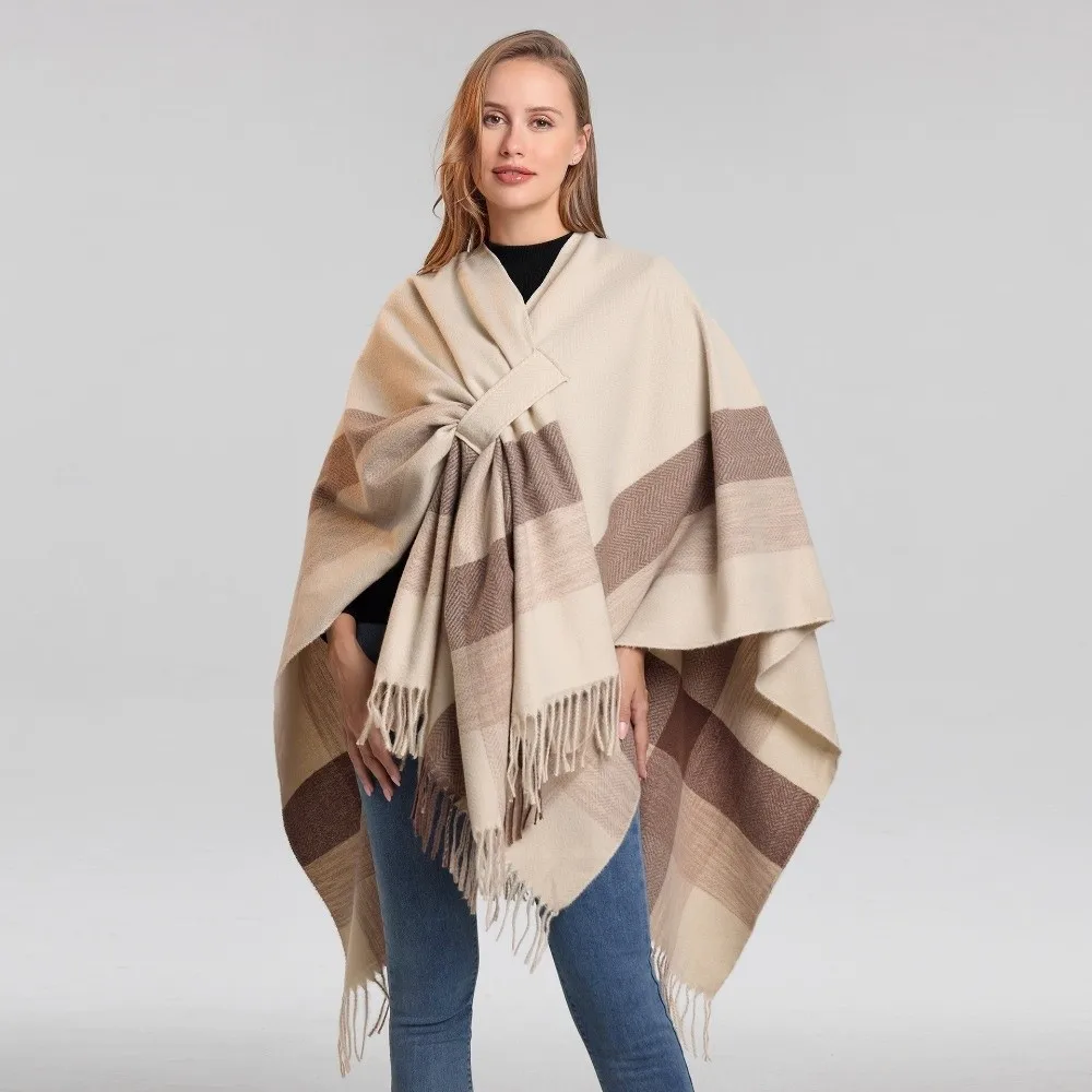 Versatile Imitation Cashmere Plaid Patterned Shawl Elegant Open Front Soft Wrap Scarf Lightweight Frayed Edge Warm Cloak Women