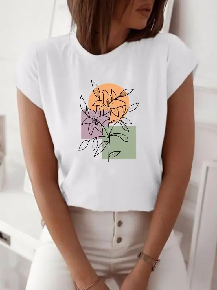 Camiseta con estampado de flores para mujer, ropa de manga corta para mujer, camiseta estampada para mujer, moda de primavera y verano