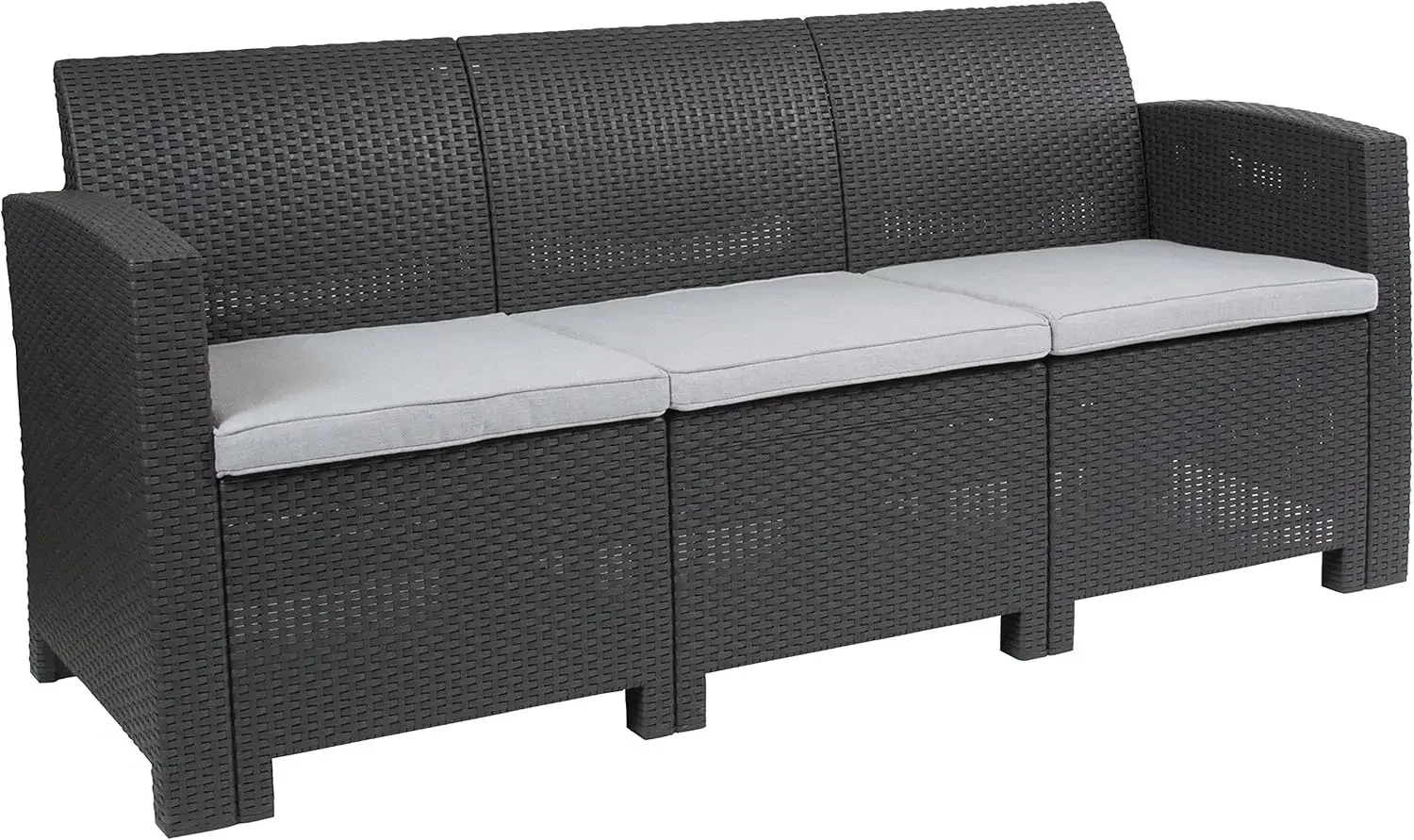 Outdoor Dark Gray Faux Rattan Sofa with All-Weather Seneca Light Gray Cushions,Durable resin frame construction