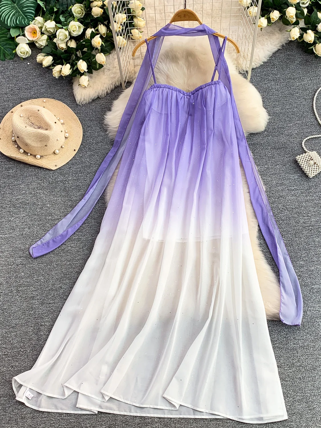 Elegant Summer Long A-Line Dress with Strap Sequin Shiny Georgette Soft Spring Summer High Waist Long Sleeve No Stretch