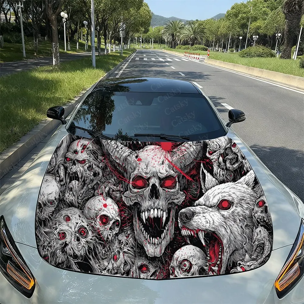 Dark Horror Skulls & Demons Car Vinyl Wrap, PVC Waterproof Car Hood Sticker, Self-Adhesive Scratch-Resistant Stickers