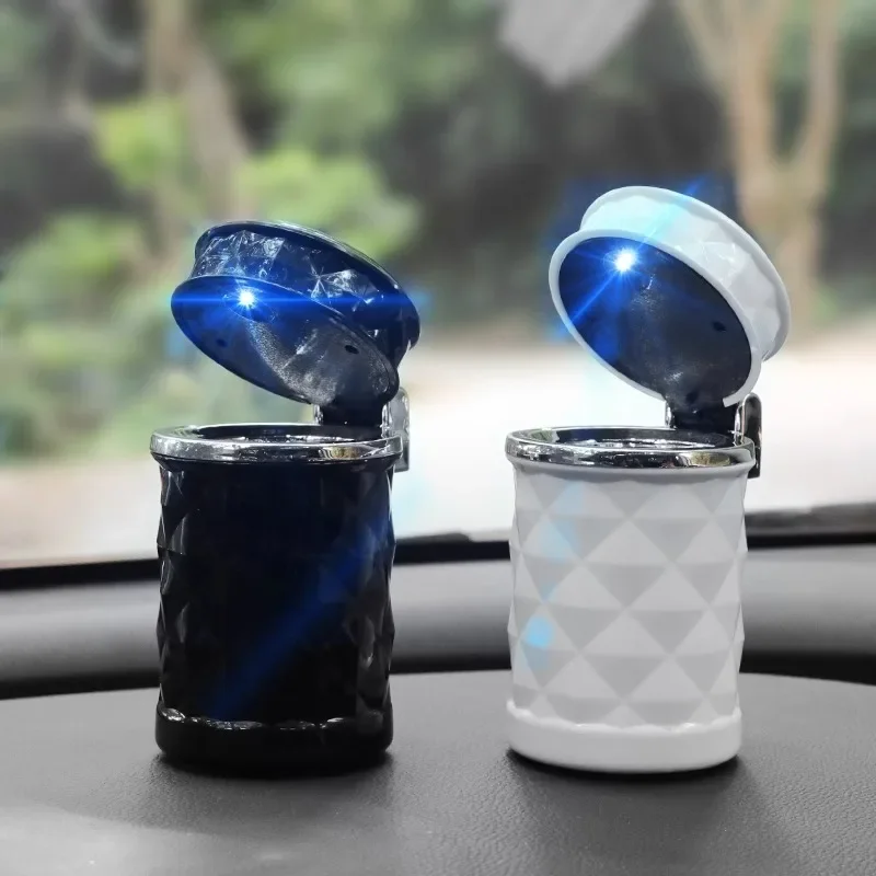 Small Car Caravan, Auto Ashtray With LED Light Mini Car Trash Can Portable Lid For Car Cup Holder Home Office And Travel