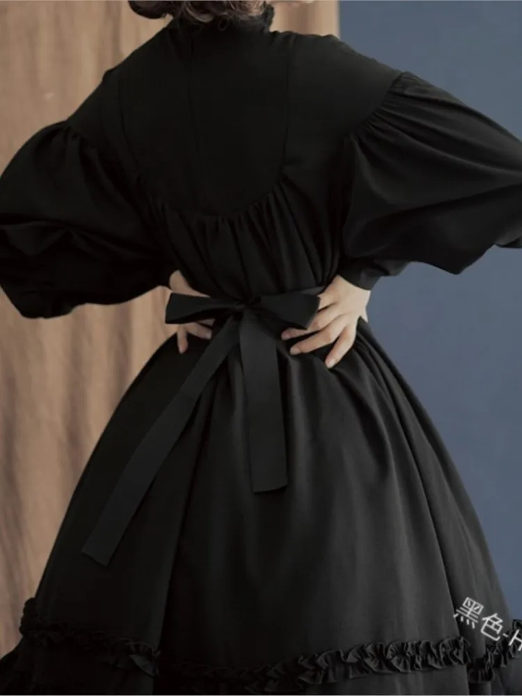 Foreign Style Woman's High Waist Dress Fashion Half-high Collar Solid Puffed Sleeves Midi Dresses Ladies Lace Splicing Vestidos