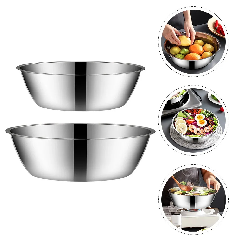 2Pcs Stainless Steel Soup Basin Deep Thick Household Kitchen Cooking Mixing Eggs Fruits Vegetables Multifunctional Basin