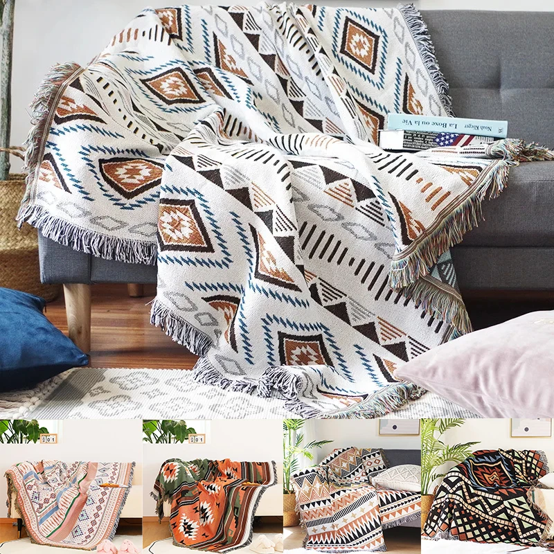 Outdoor Camping Tribal Rugs Blankets Indian Picnic Blanket Boho Decorative Bed Blankets Plaid Sofa Mats Travel Rug Tassels Linen