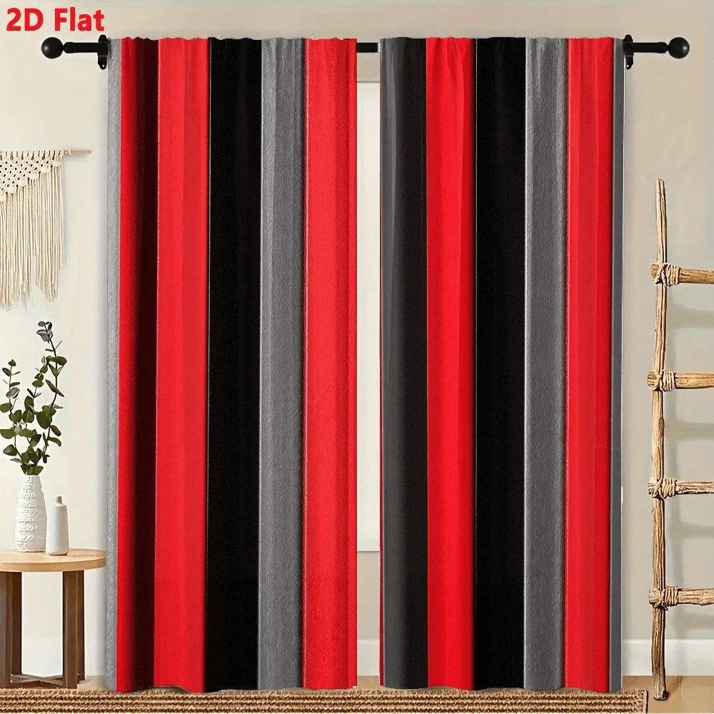

2Pcs Curtains Vertical Pleated Red Deep Black And Gray Stripes Window Drapes for Bedroom Room Decor Decoration Window Treatment.