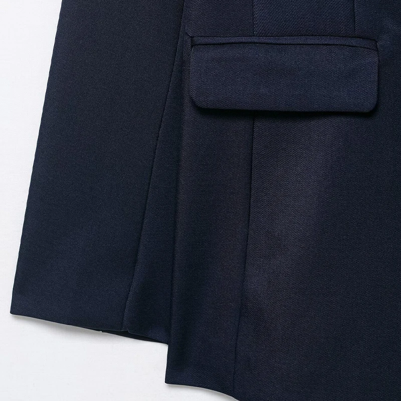 Willshela Women Fashion With Pockets Navy Blue Double Breasted Blazer Vintage Long Sleeves V-Neck Female Office Lady Outfits