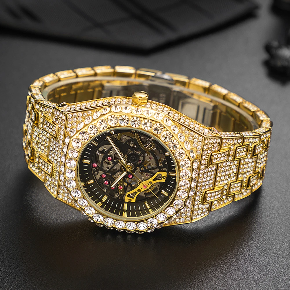 Gold Mechanical Watch For Men Luxury Diamond BlingBling  Male Automatic Watches Hip Hop Stylish Big Wristwatches Gift For Man