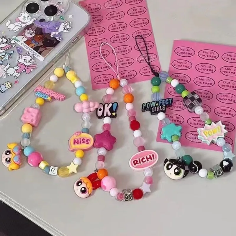 

Hot Cute Anime The Powerpuff and Girls Series Short Style Phone Strap Cartoon Role Creativity Beaded String Hanging Chain