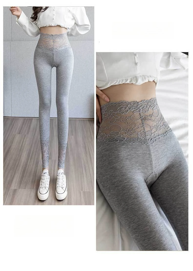 Modale Leggings für Damen, hohe Taille, sexy Spitze, schlank, dehnbar, atmungsaktiv, allein zu tragen, Frühling, Herbst, Basisschicht, Po-Lifting-Leggings – Detail 18