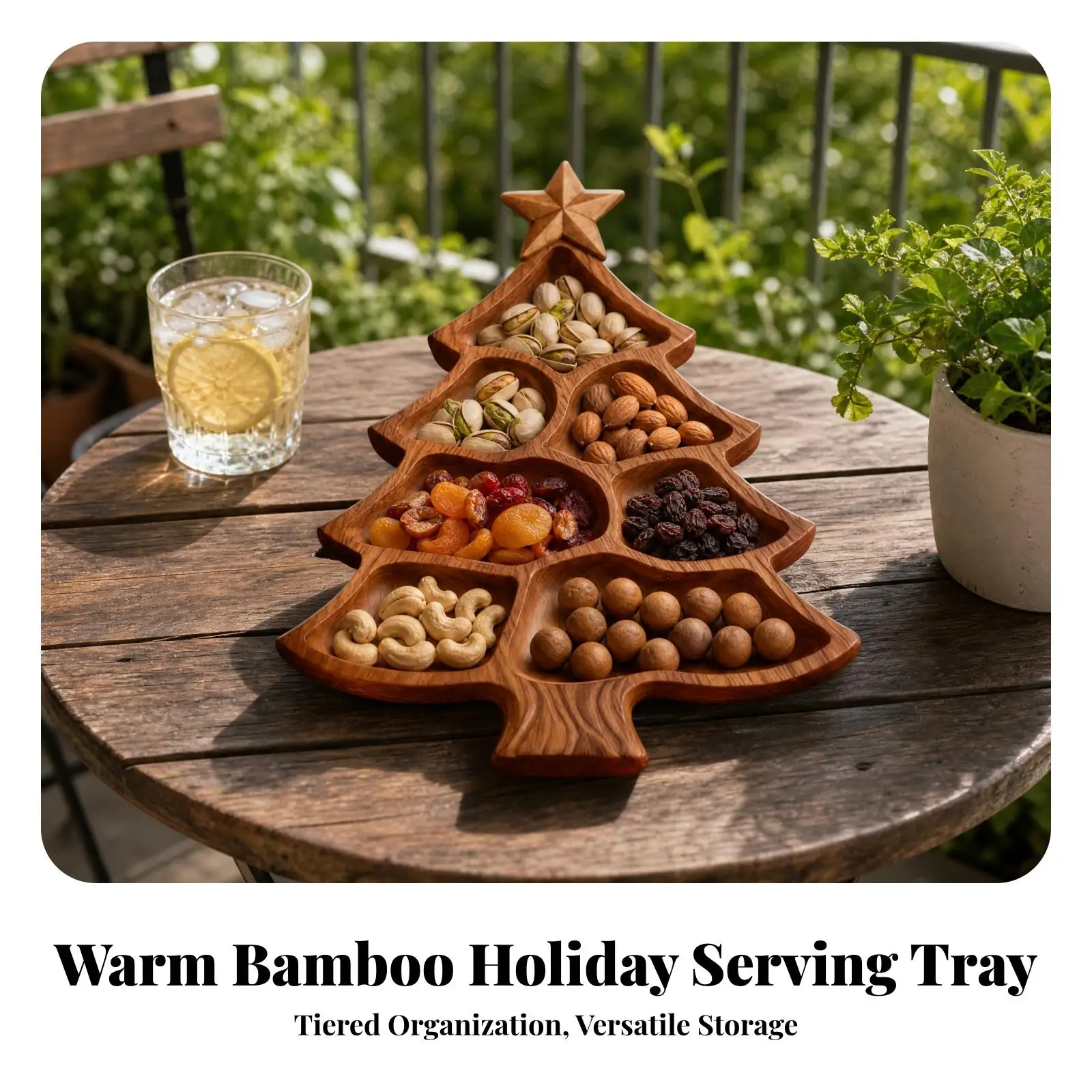 Christmas Tree Snack Serving Tray Bamboo Wood Sectioned Holder for Fruit Nuts Candy Cookies and Holiday Desserts