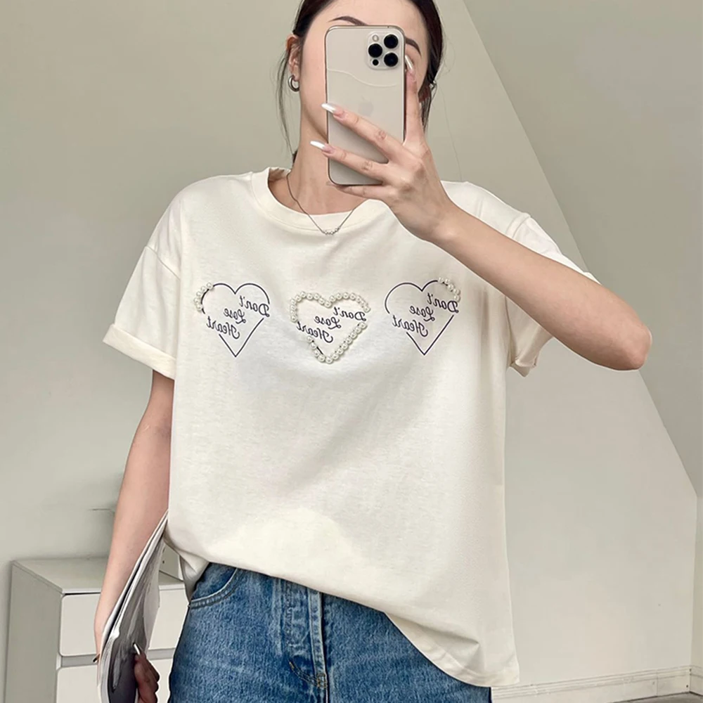 Korean Summer Top For Women Retro Versatile Round Neck Chic Heart Letter Print Casual Short Sleeved T-shirt Sweet Girl Pearl Tee