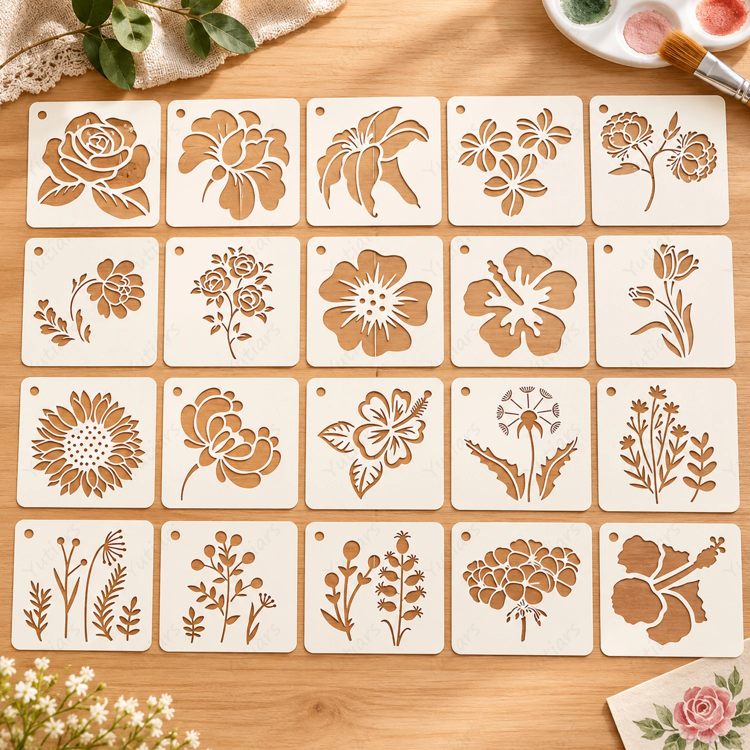 20Pcs Floral Stencil Templates Flower Painting Drawing Stencils for Wood Paper Cards Scrapbooking Journaling DIY Craft Decor