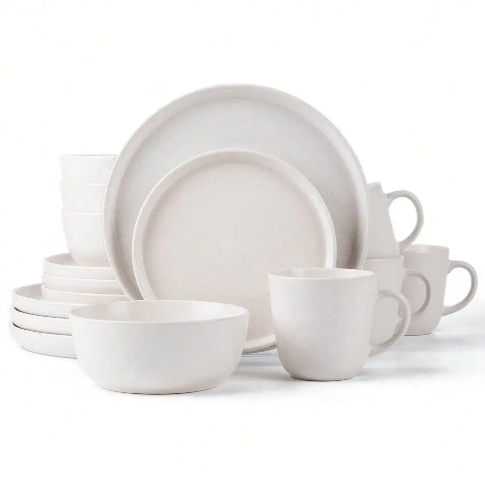 

Square Stoneware 16pc Double Bowl Dinnerware Set For 4, Dinner Plates, Side Plates, Cereal Bowls, Pasta Bowls Reactive Glaze Re
