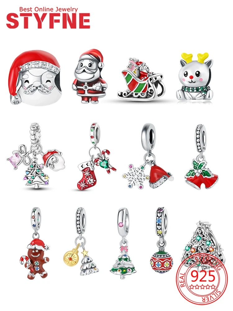 

925 Silver Charms Santa Claus Christmas Tree Sleigh Gingerbread Man Beads Pendant Fit Women Diy Original Bracelet Jewelry Gift