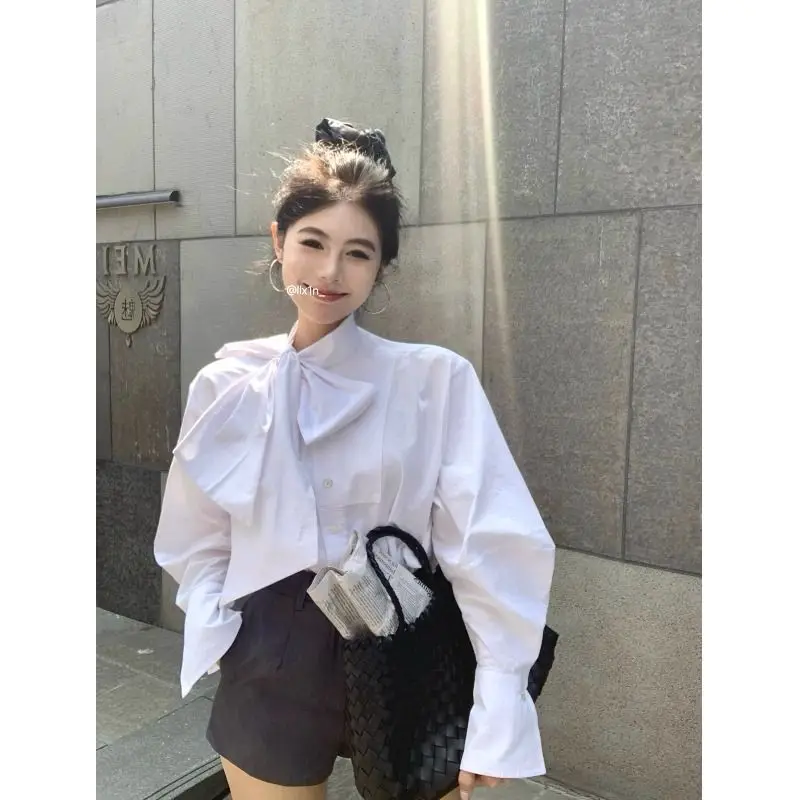 White Bow Lacing All-match Blouse Spring New Long Sleeve Simplicity Loose Korean Shirt Tops Fashion High Street Women Clothing
