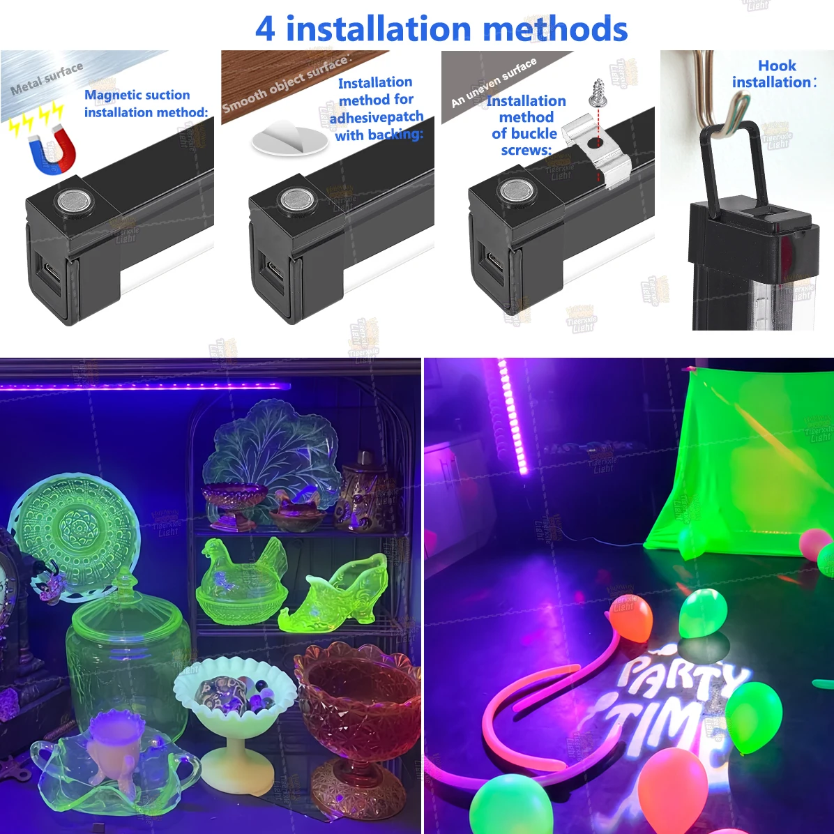 Juego combinado: tira de luz negra de 2,5 M/8,2 pies y barra de luz negra de 32 cm/12,6 pulgadas, para fiesta de neón brillante de Halloween, pintura fluorescente