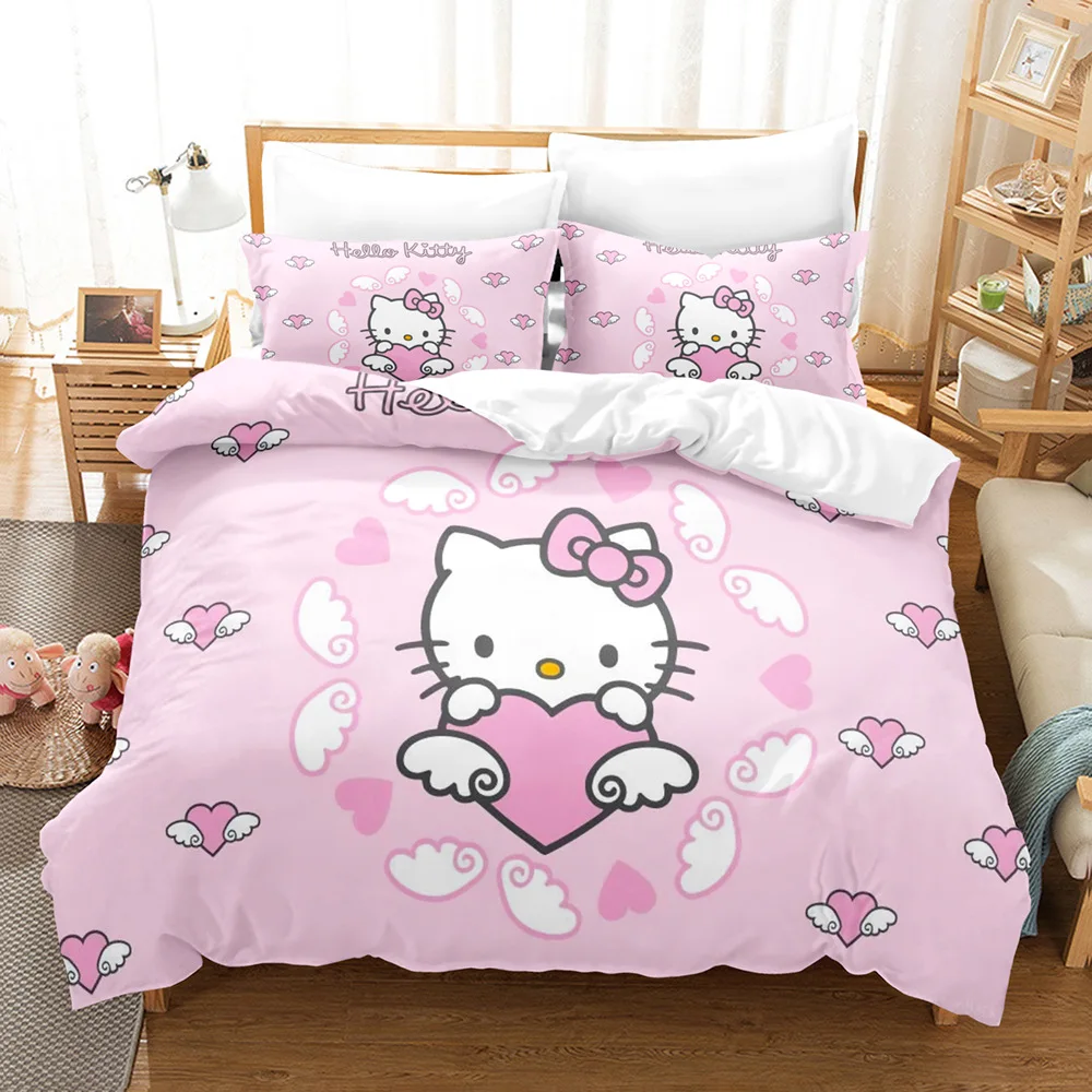 Impressão 3D Digital Bedding Set, Quilt Cover, Fronha, Anime, Sanrio, Kuromi, Olá Cat, Kitt, Sanrio, Cosplay, 3 pcs