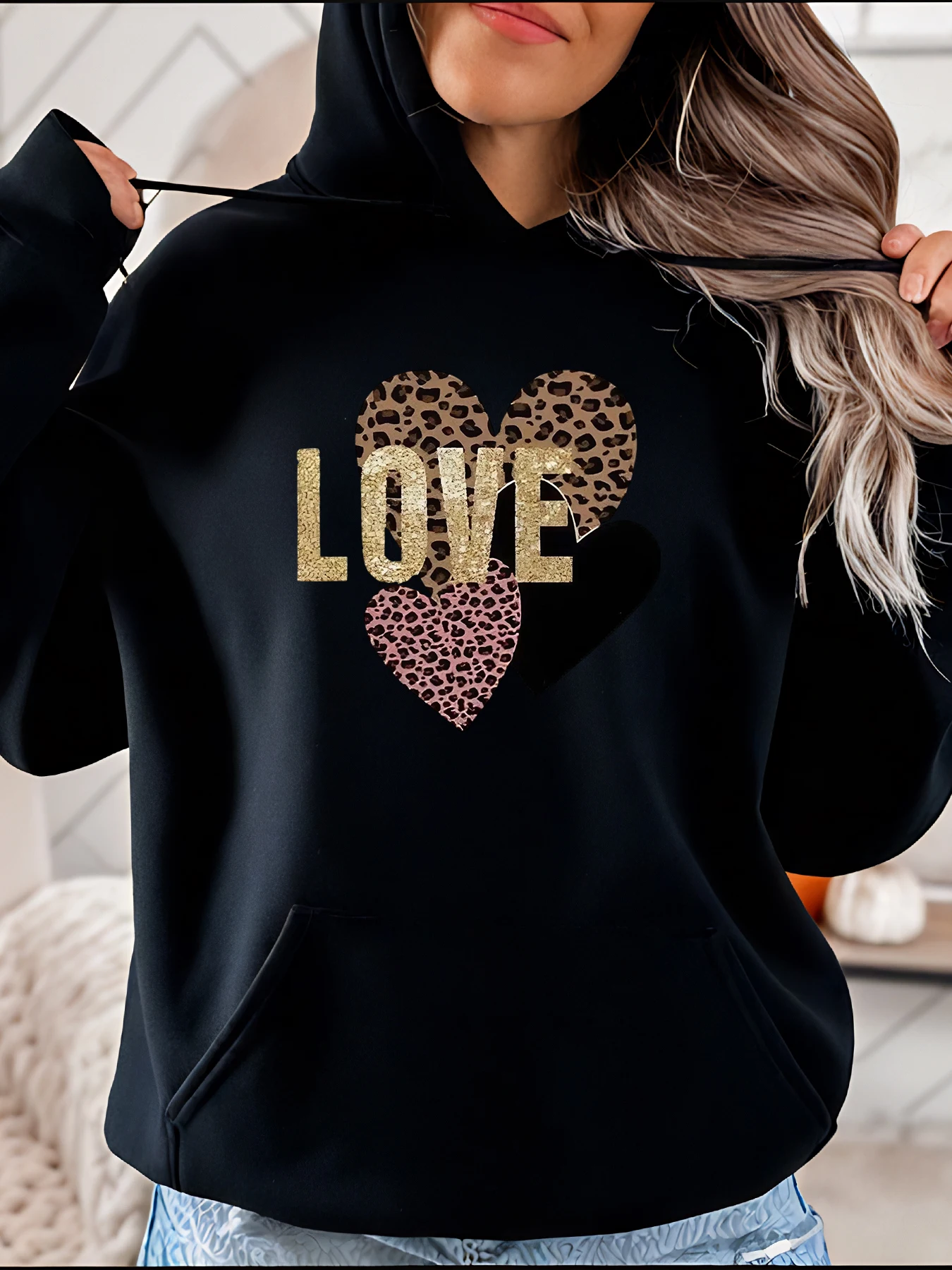 Leopard Print Heart Love Hoodie Casual Fashion Women Streetwear Graphic Sweatshirt