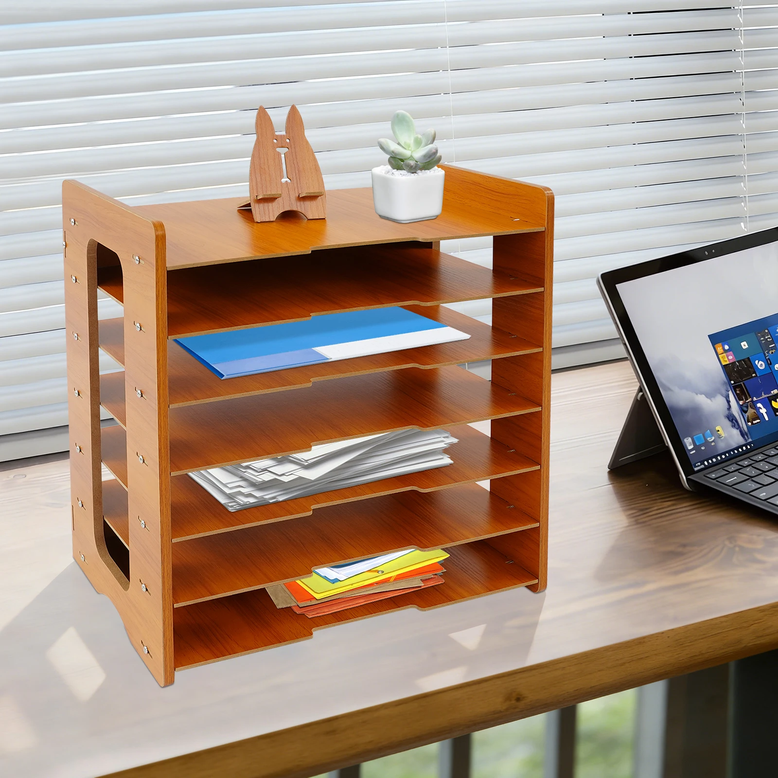 7 Tiers Widen Wood Document, Office Paper Organizer, Rectangular Desk Desktop File Holder Desk Letter Tray, 4-5kg/ 8.81-11.02lbs Overall Load-Bearing Capacity