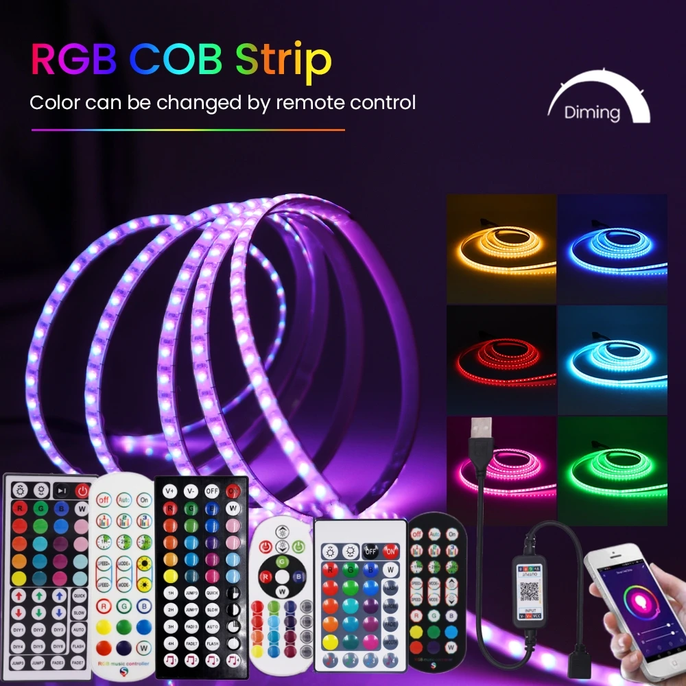 

5MM USB RGB COB LED Strip 5V 180LEDs/M Flexible Adahesive Tape Rope Lamp Smart WIFI Bluetooth APP Linear Lighting TV Backlight