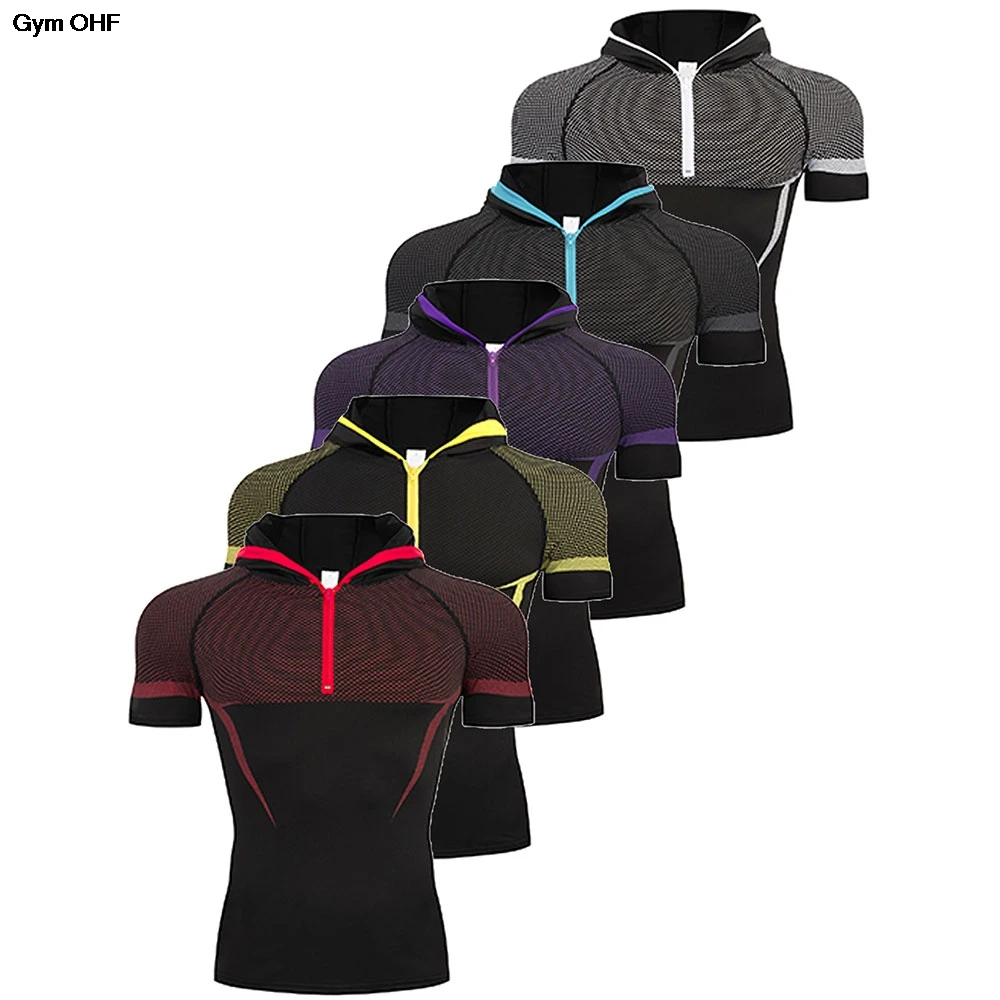

Hooded Compression T-Shirt Men Bodybuilding Sportswear Short Sleeve Quick Dry Workout Shirts Sport Tops Gym Running