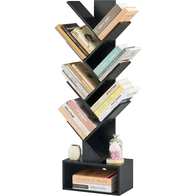 6 Tier Freestanding Tree Tall Bookcase with Drawer,Display Floor Standing Storage Shelf,Book Organizer Shelves for Home Office