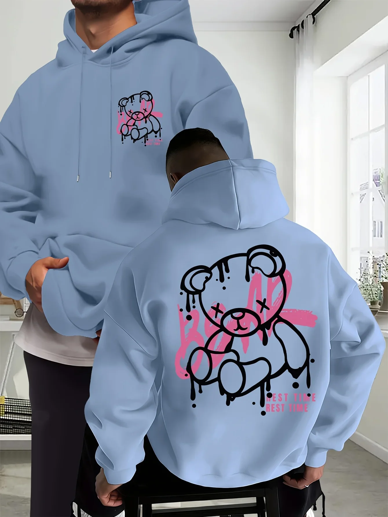 Streetwear Broken Bear Graffiti Letter Graphic Hoodie Pullover Unisex Loose Fleece Lined Autumn Winter
